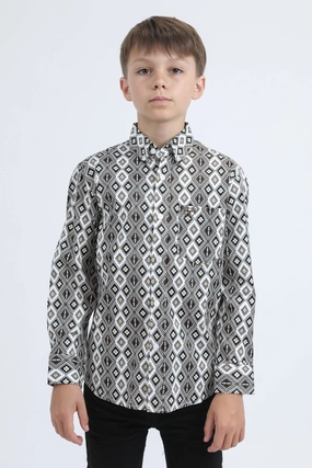 Kid's Cotton Monogram Digital Print White Dress Shirt Rugged Style Loose style