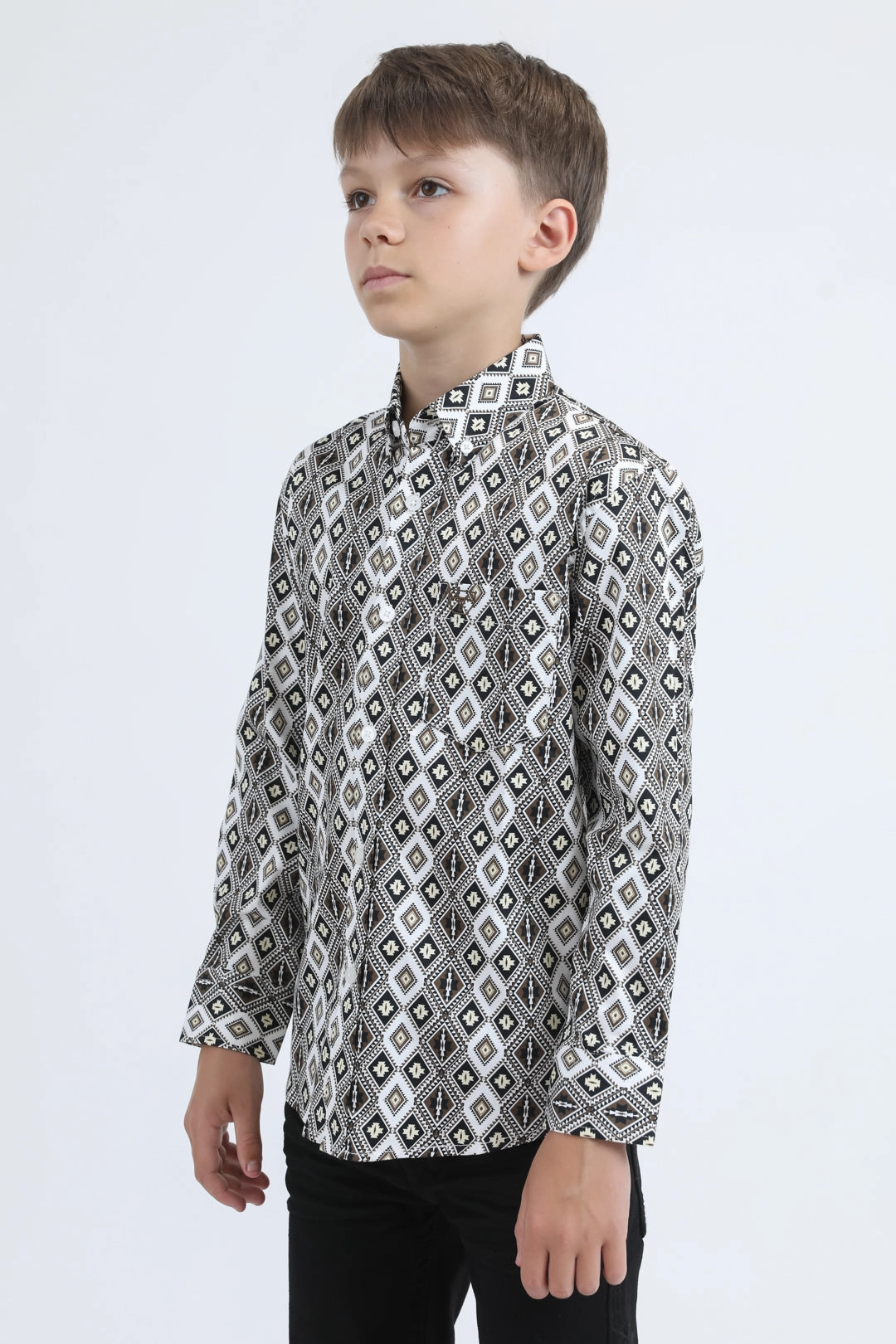 Tailored Cut Kid's Cotton Monogram Digital Print White Dress Shirt