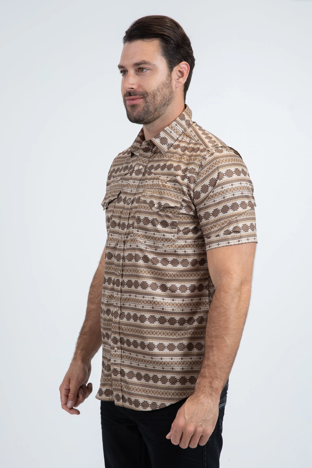 Hidden Placket Men's Performance Western Short Sleeve Beige Shirt
