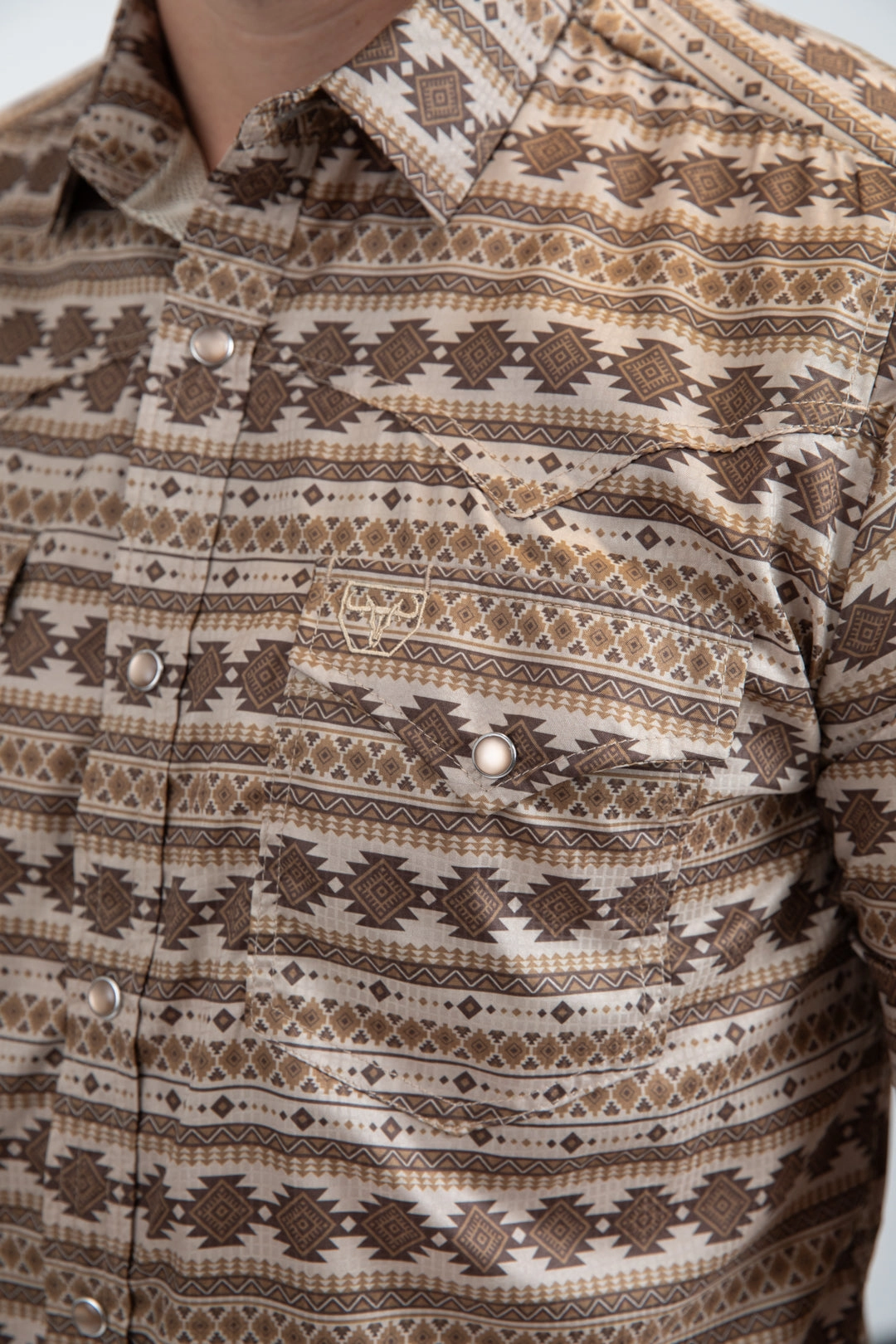 Two Tone Stitching Men's Performance Western Short Sleeve Beige Shirt