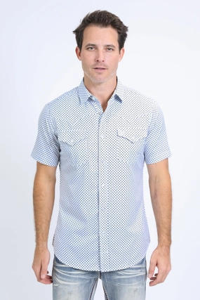 Mens Performance Western Short Sleeve Aztec Print White/Black Shirt Floral Motif