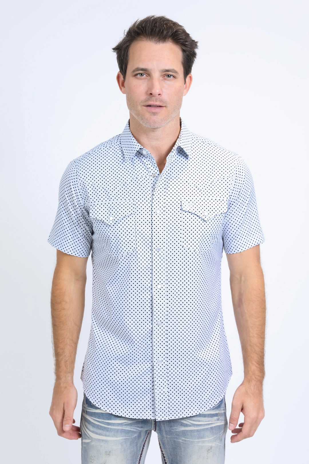 Mens Performance Western Short Sleeve Aztec Print White/Black Shirt Floral Motif