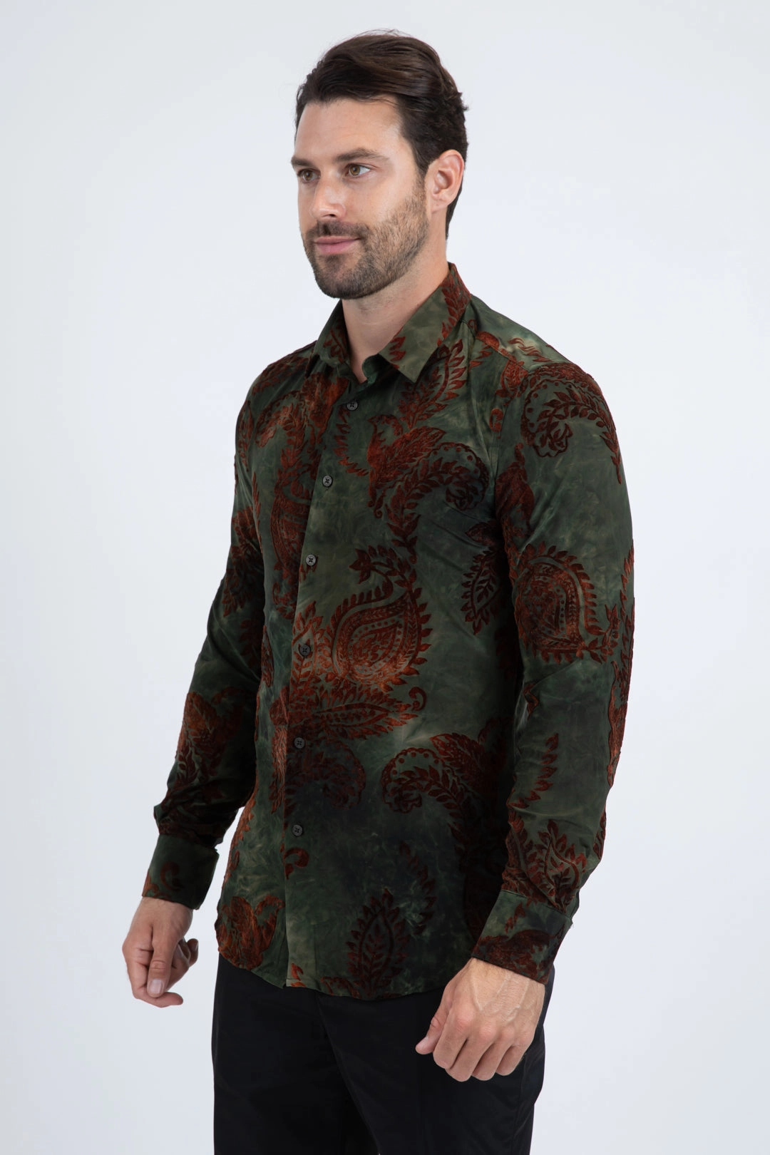 Premium Fabric Unisex Jacquard Fabric Print Modern Fit Long Sleeve Green Shirt