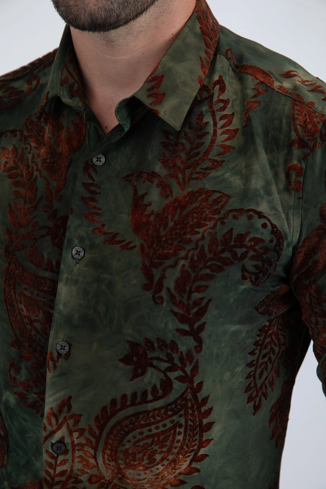 Unisex Jacquard Fabric Print Modern Fit Long Sleeve Green Shirt mix and match