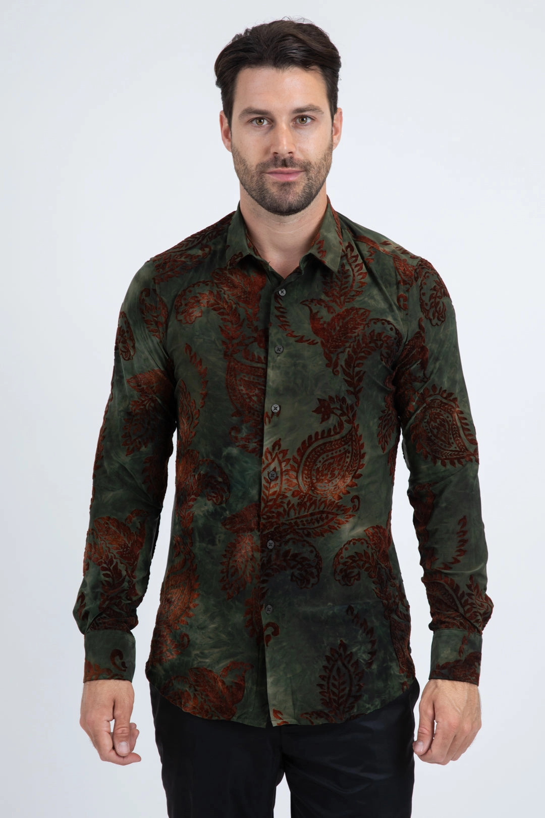 Unisex Jacquard Fabric Print Modern Fit Long Sleeve Green Shirt Winter Retreat Essential Fit