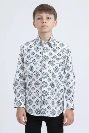 Perfect Wear Streamlined Design Kid's Western Modern Fit Cotton/Spandex Long Sleeve White Shirt with Snaps