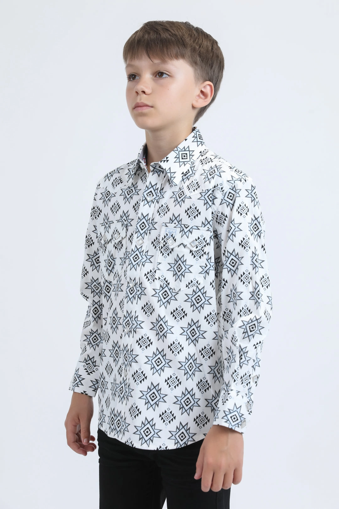 Soft Material Cocktail Event Kid's Western Modern Fit Cotton/Spandex Long Sleeve White Shirt with Snaps