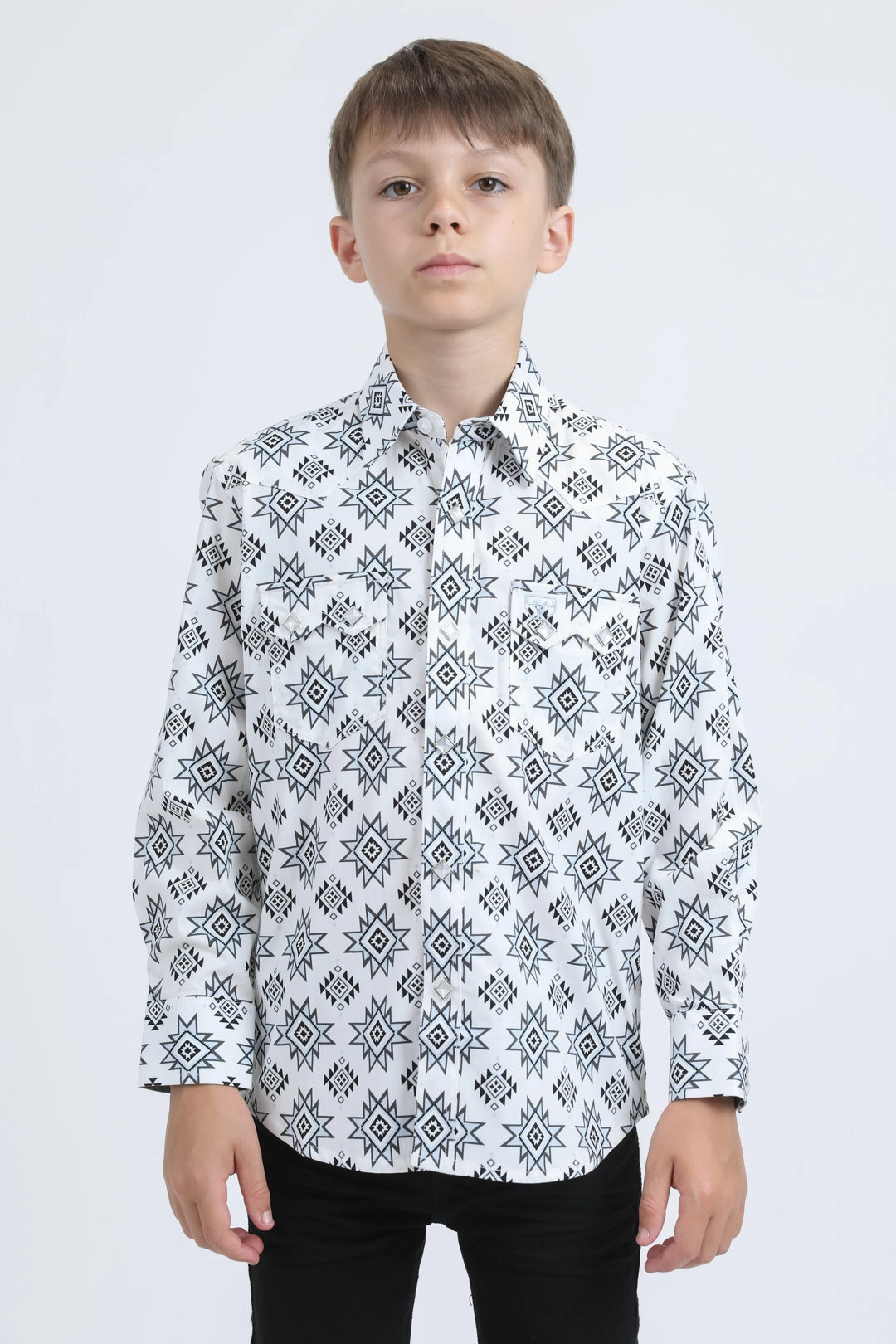 Perfect Wear Streamlined Design Kid's Western Modern Fit Cotton/Spandex Long Sleeve White Shirt with Snaps