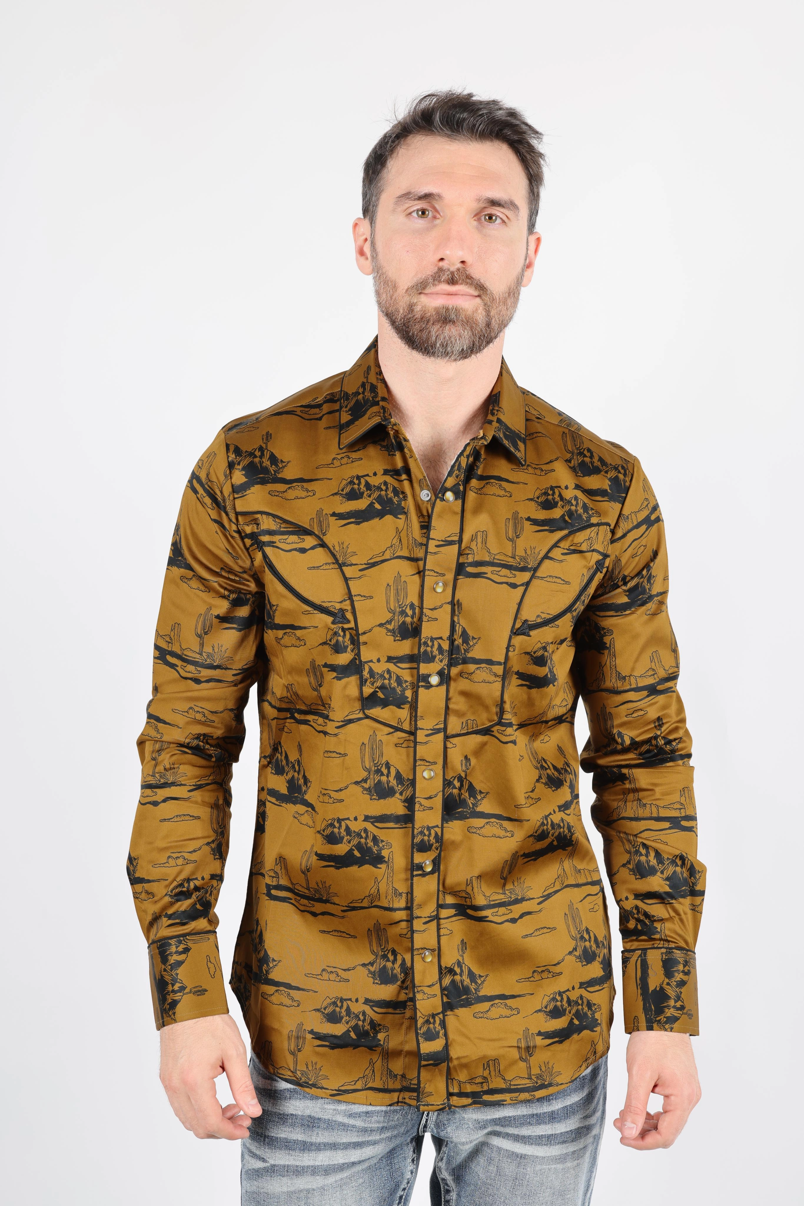 Daytime Look Mens Modern Fit Cotton Stretch Piping Cactus Monogram Print Shirt