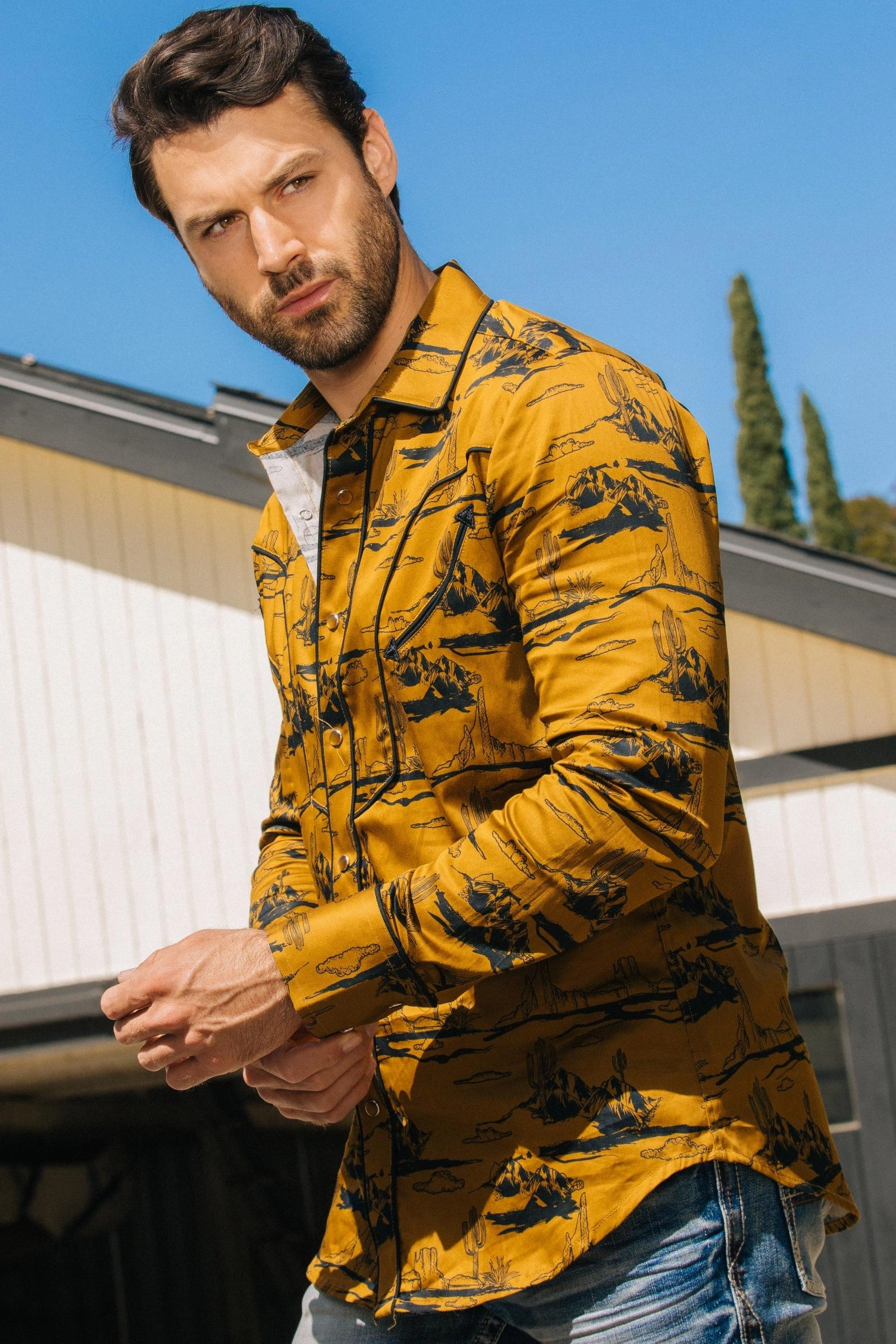 Mens Modern Fit Cotton Stretch Piping Cactus Monogram Print Shirt Unisex Design Double Stitched Seams