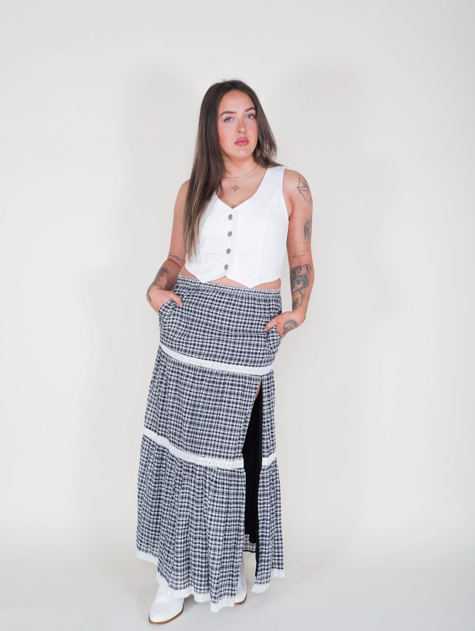 Flat Lay Collar Spring Brunch Natalie Checkered Skirt