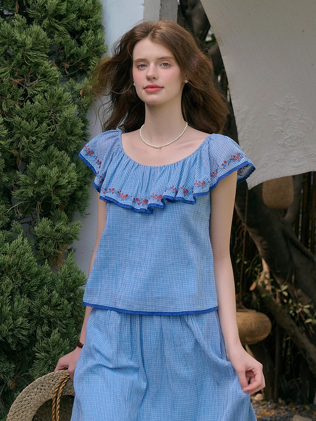 WearResistantHem QuickDryTechnology ??Final Sale??Amelia Ruffle Neck Floral Embroidery Top