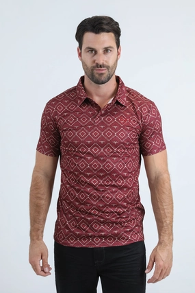 Mens Performance Fabric Modern Fit Stretch Aztec Print Red Polo Trendy Fashion Optimal Airflow Texture