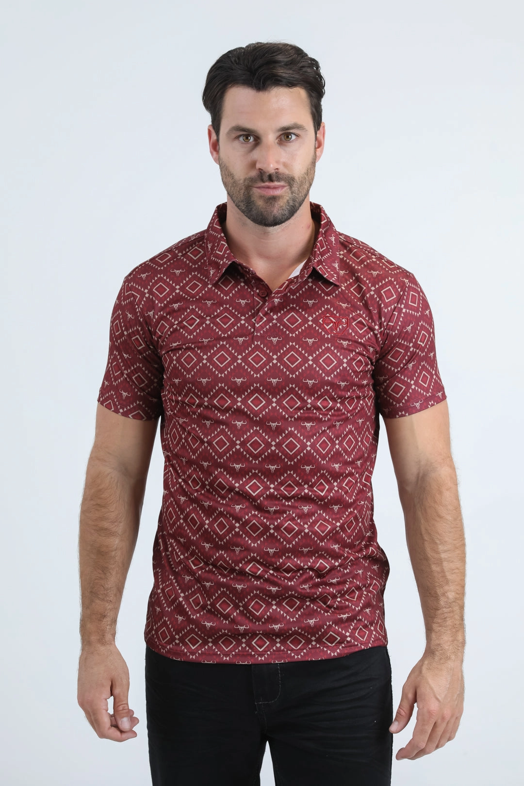 Mens Performance Fabric Modern Fit Stretch Aztec Print Red Polo Trendy Fashion Optimal Airflow Texture