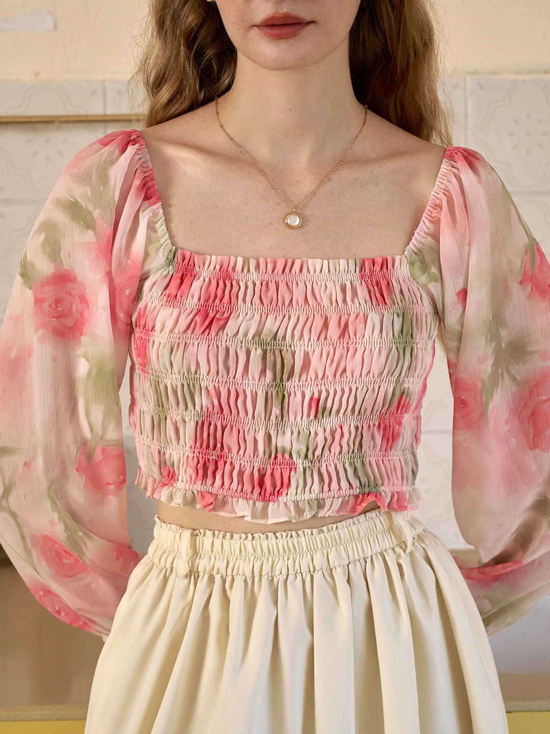 Vada Floral Print Off Shoulder Lantern Sleeve Blouse AdjustableWaist