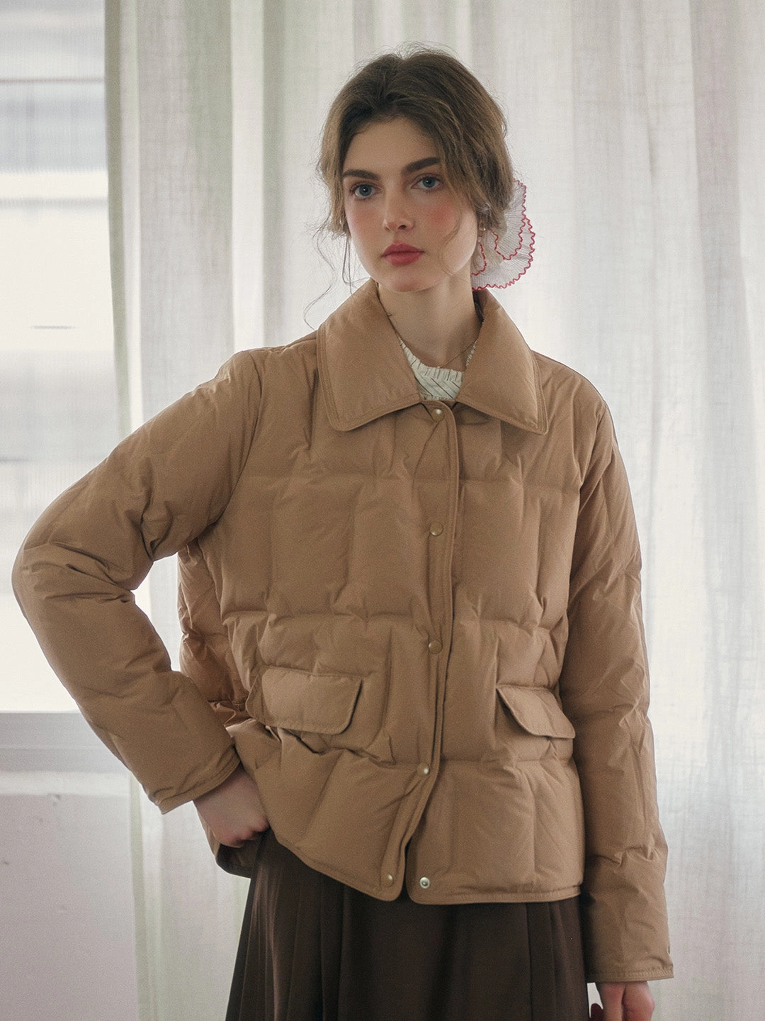 Bea Notched Collar Pocket Down Jacket - Khaki Opaque Tone Still Glow