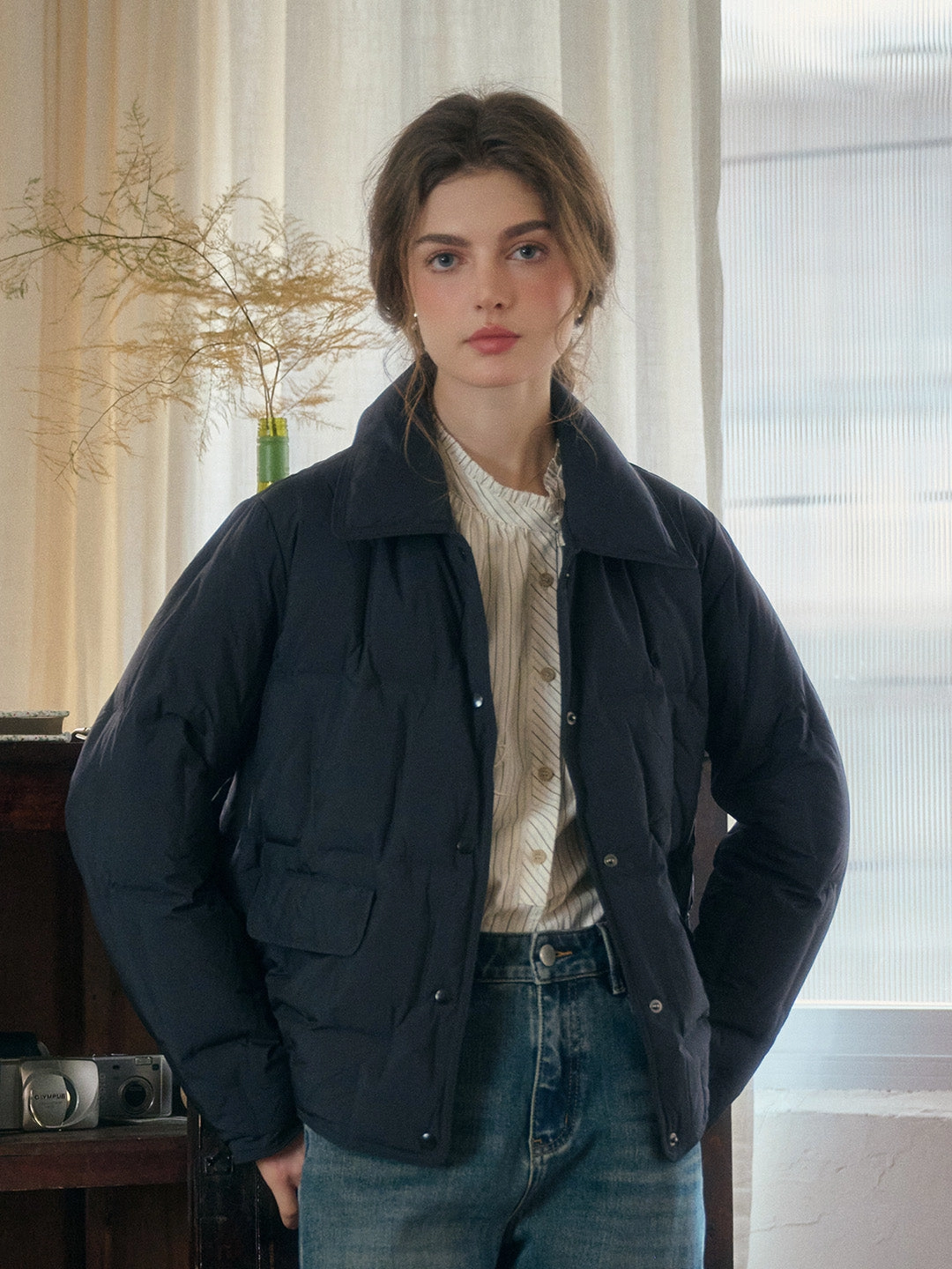 Bea Notched Collar Pocket Down Jacket - Khaki Rush Mode