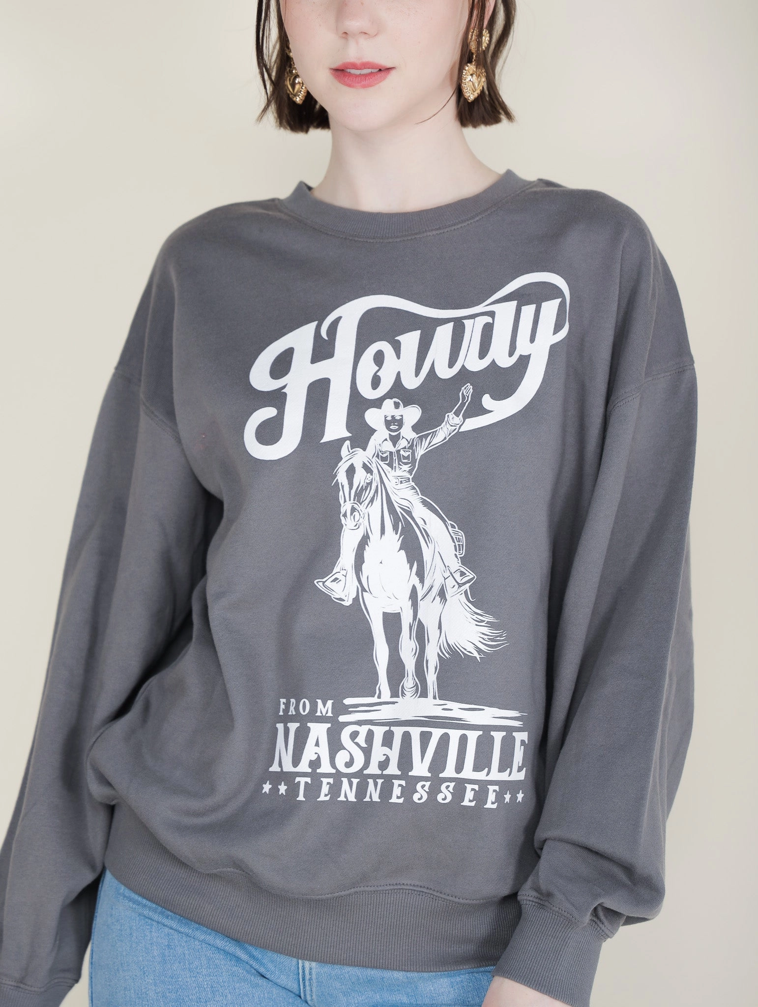 Hidden Button Placket V Neck Design Howdy Nashville Sweatshirt