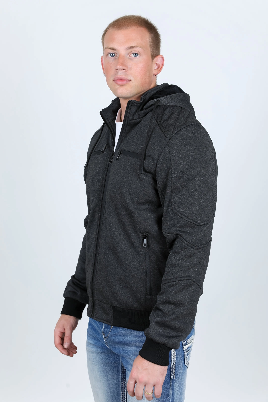 Vision Fit Ethic Core Mens Fur Lined Quilted Hooded Jacket - Charcoal