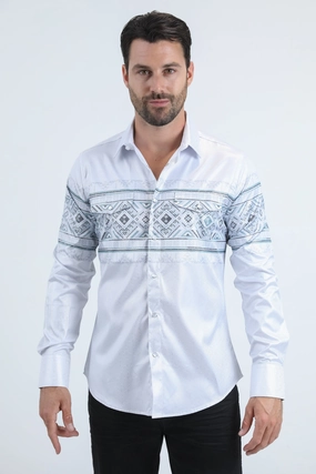Tailored Style Warm Layers Mens Modern Fit Panoramic Foil Print White Shirt