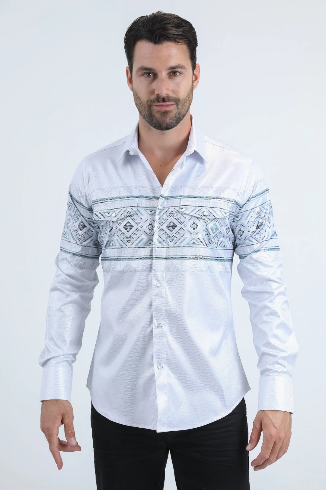 Tailored Style Warm Layers Mens Modern Fit Panoramic Foil Print White Shirt