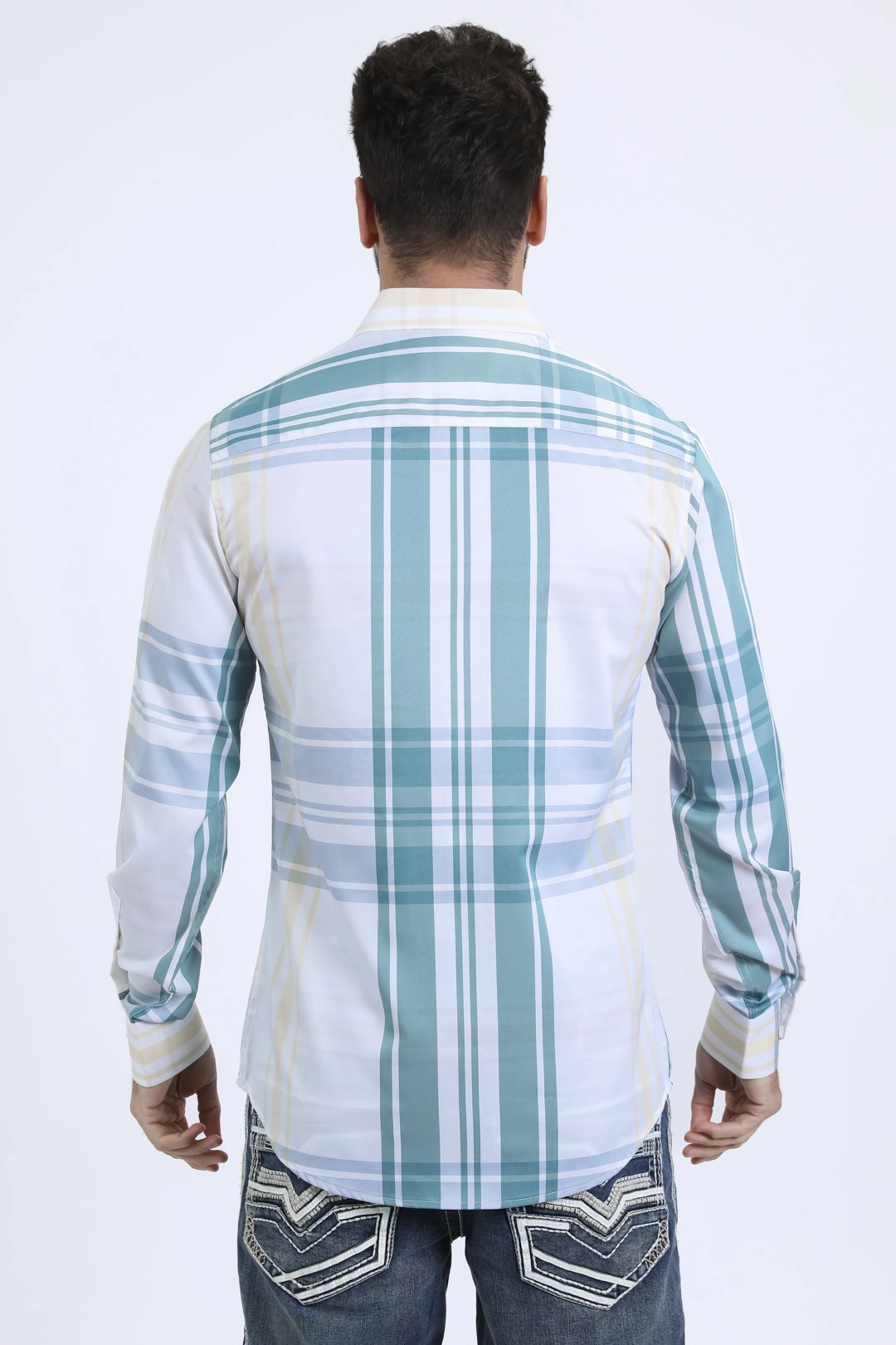 Mens Checkered Long Sleeve White Shirt Casual Comfort Reinforced Collar