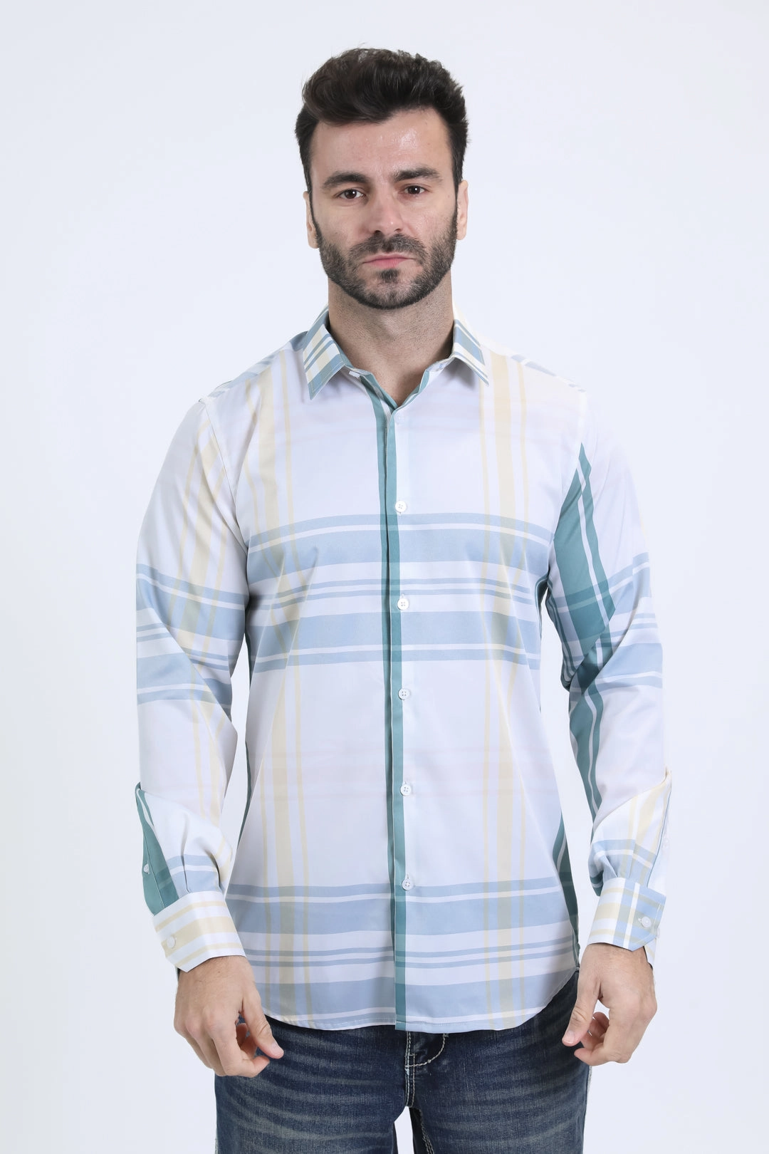 Mens Checkered Long Sleeve White Shirt Sheer Panel