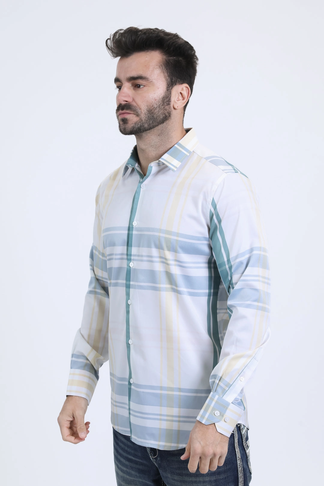 Mens Checkered Long Sleeve White Shirt Comfy Look