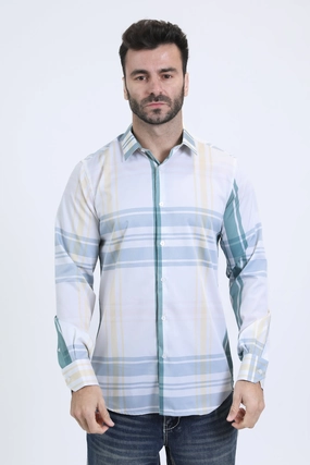 Mens Checkered Long Sleeve White Shirt Sheer Panel