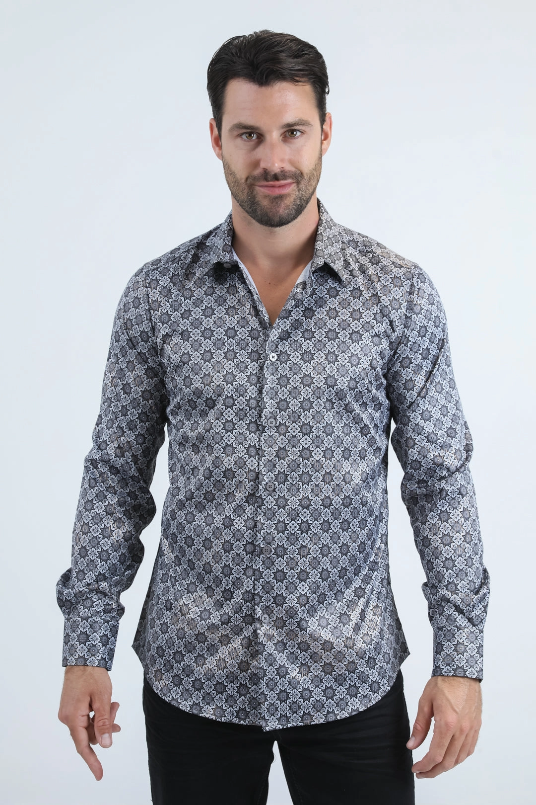 Double Needle Hemming Work-to-Weekend Mens Modern Fit Stretch Foil Fashion Grey Shirt