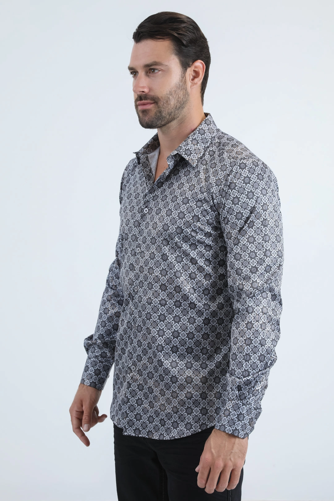 Creative Professional Durable Button Closures Mens Modern Fit Stretch Foil Fashion Grey Shirt