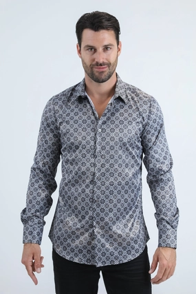 Double Needle Hemming Work-to-Weekend Mens Modern Fit Stretch Foil Fashion Grey Shirt