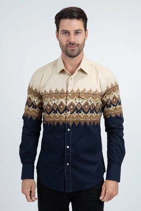 All-Purpose Wear Plus Size Fit Men's Modern Fit Cotton Stretch Rodeo Panoramic Print Blue Shirt