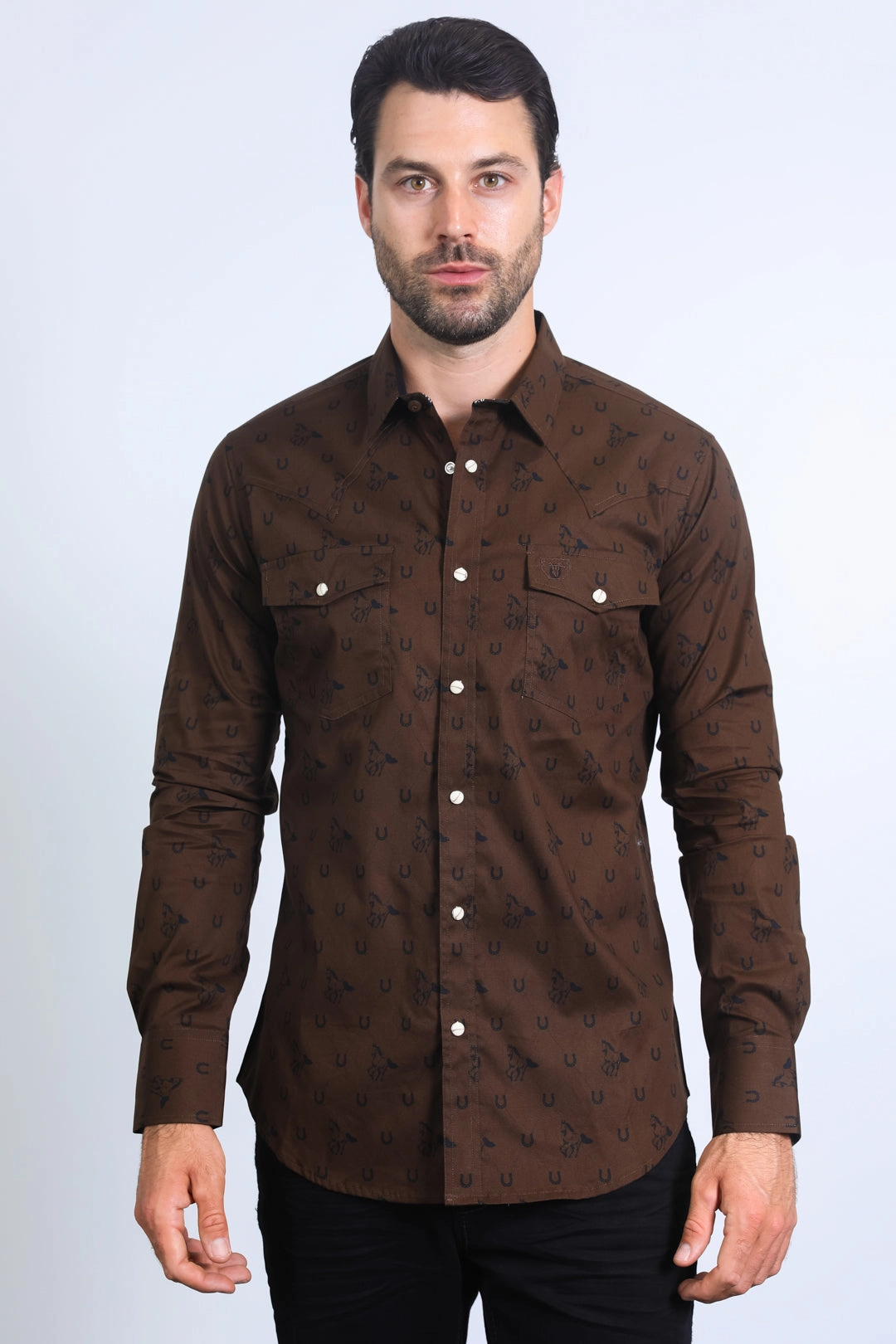 Warm Layers Trendy designs Mens Western Modern Fit Cotton/Spandex Long Sleeve Brown Shirt with Snaps