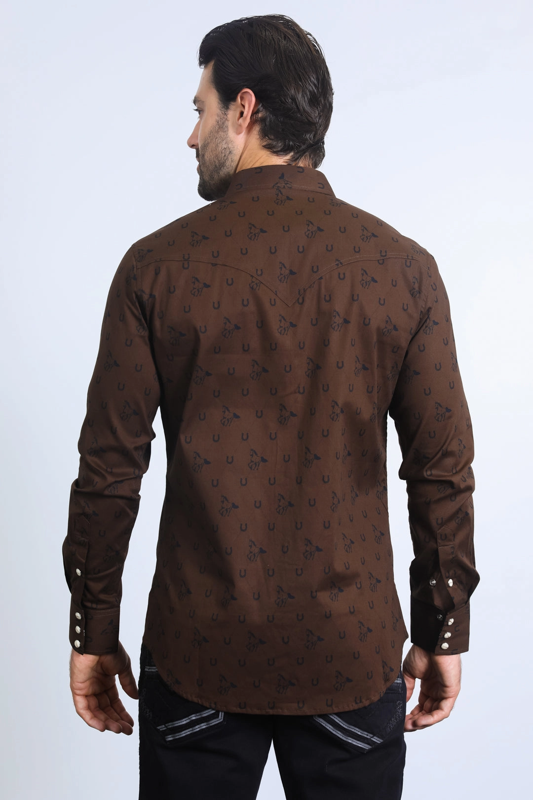 Pocket Detail Timeless elegance Mens Western Modern Fit Cotton/Spandex Long Sleeve Brown Shirt with Snaps