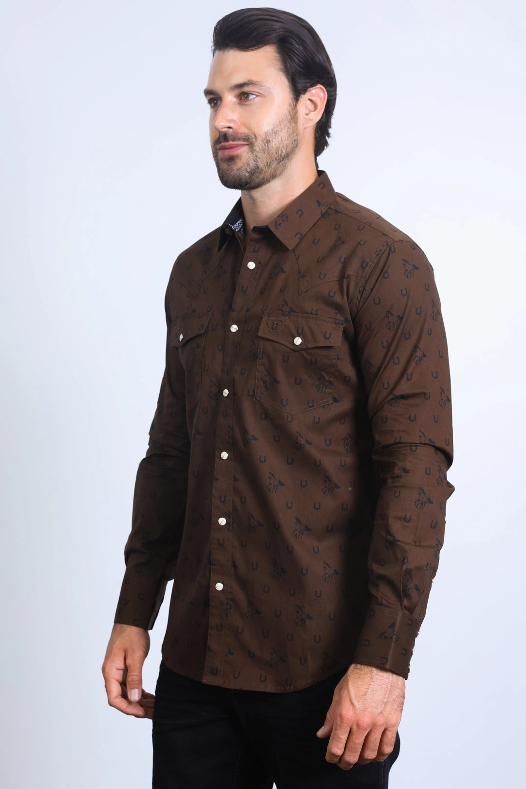 Mens Western Modern Fit Cotton/Spandex Long Sleeve Brown Shirt with Snaps Casual Wear