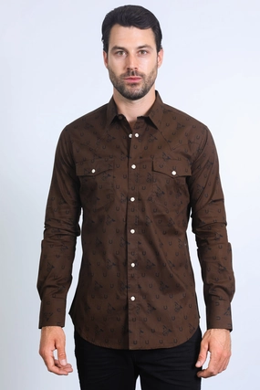 Warm Layers Trendy designs Mens Western Modern Fit Cotton/Spandex Long Sleeve Brown Shirt with Snaps