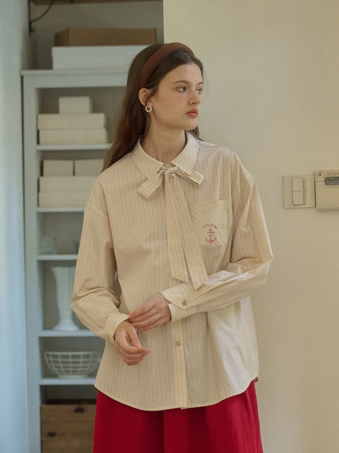 Outdoor Shirt Royal Ease Violeta Classic Lapel Bow Anchor Embroidery Pocket Stripe Shirt - Pink