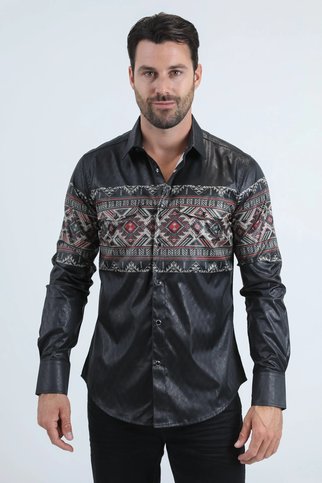 Mens Modern Fit Panoramic Foil Print Black Shirt Soft Feel