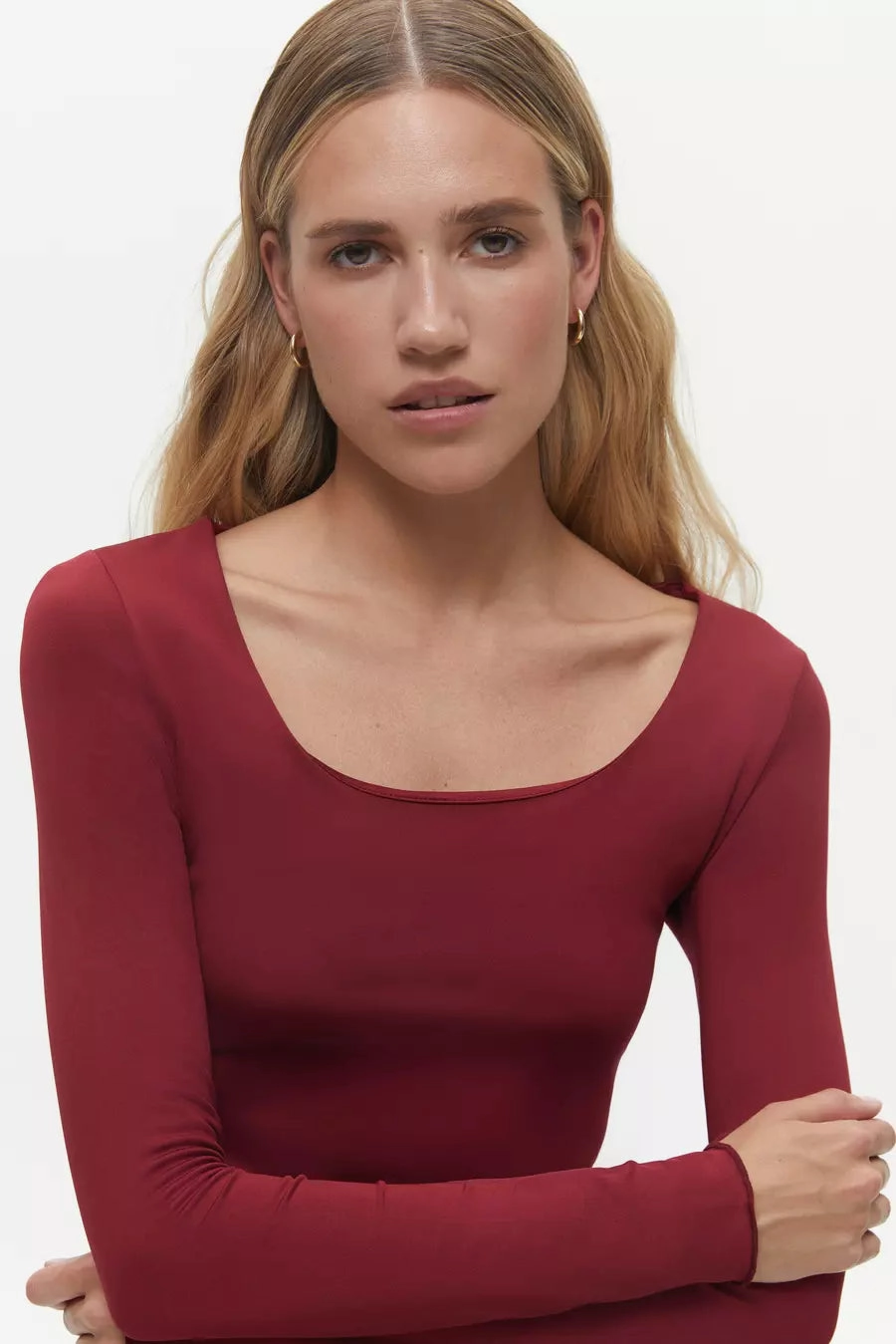 Classic Jeans BreathableMesh Burgundy Wide Neck Long Sleeve Top