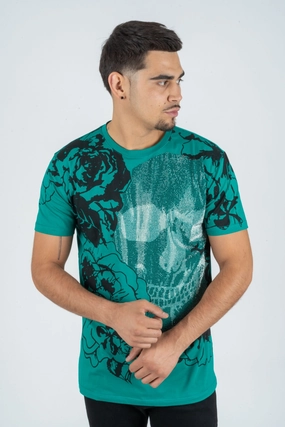 Men's Cotton Teal Rhinestone T-shirt Performance Stretch