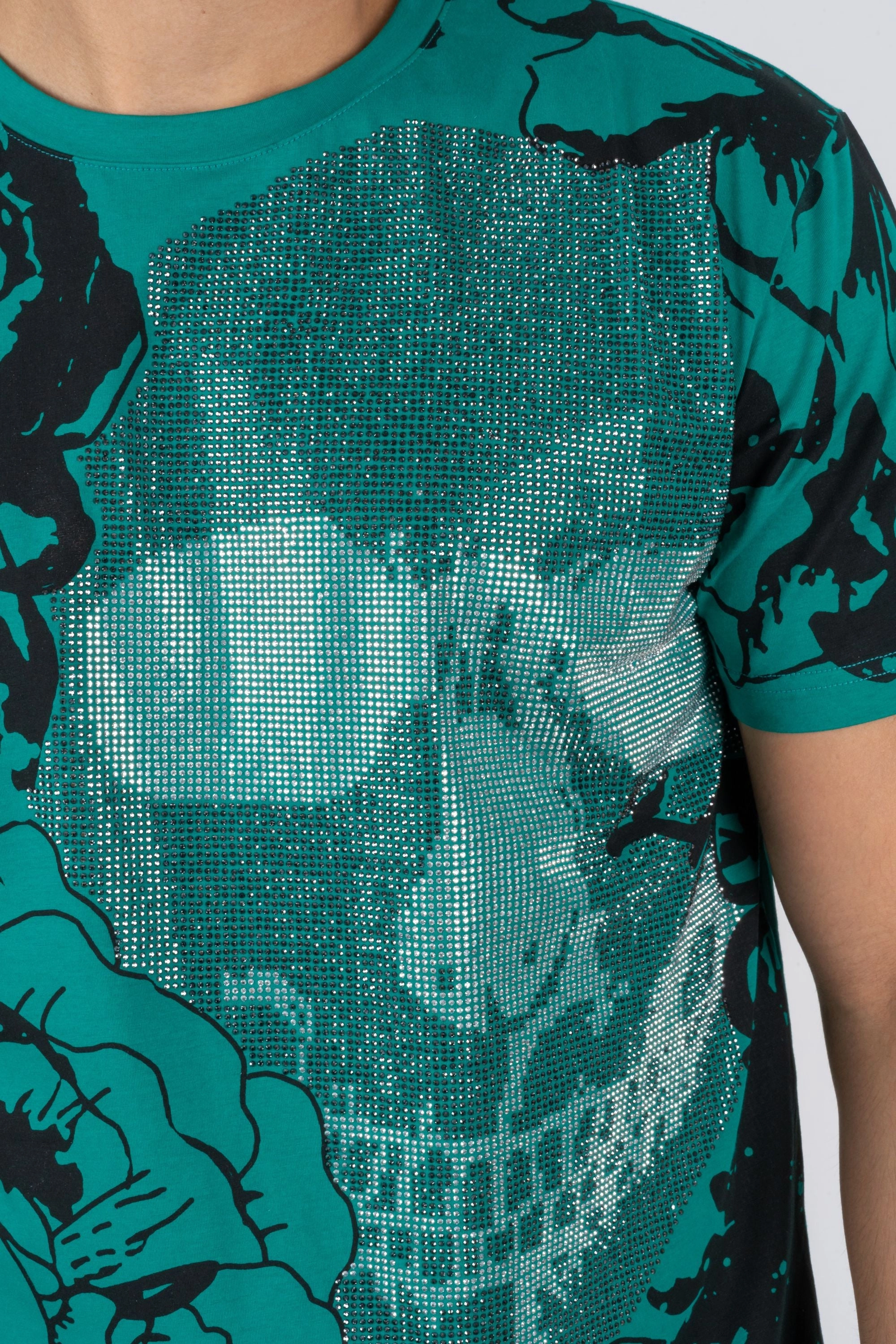 Men's Cotton Teal Rhinestone T-shirt Light Style