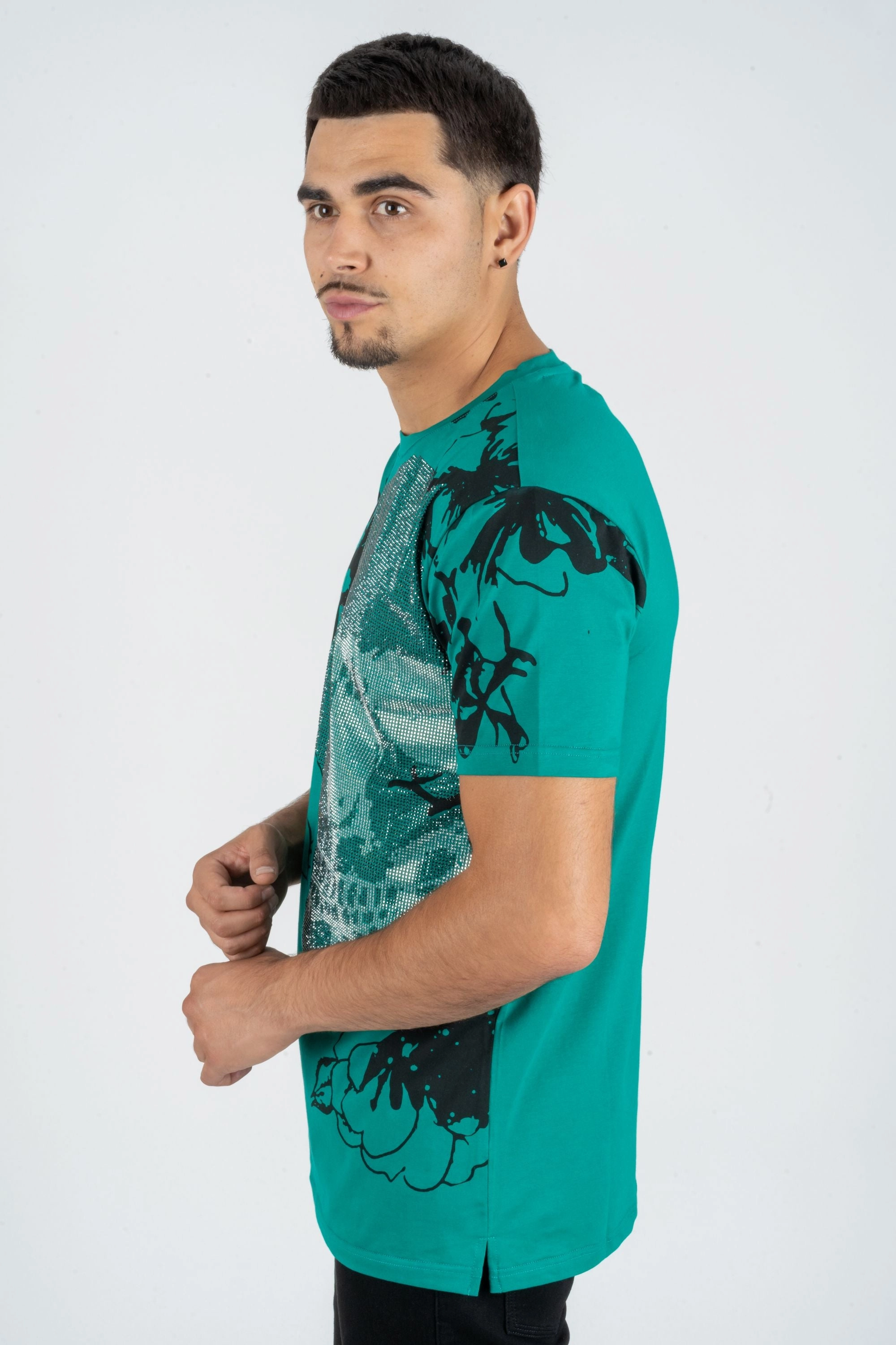 Outdoor Outfit Style Streetwear Men's Cotton Teal Rhinestone T-shirt