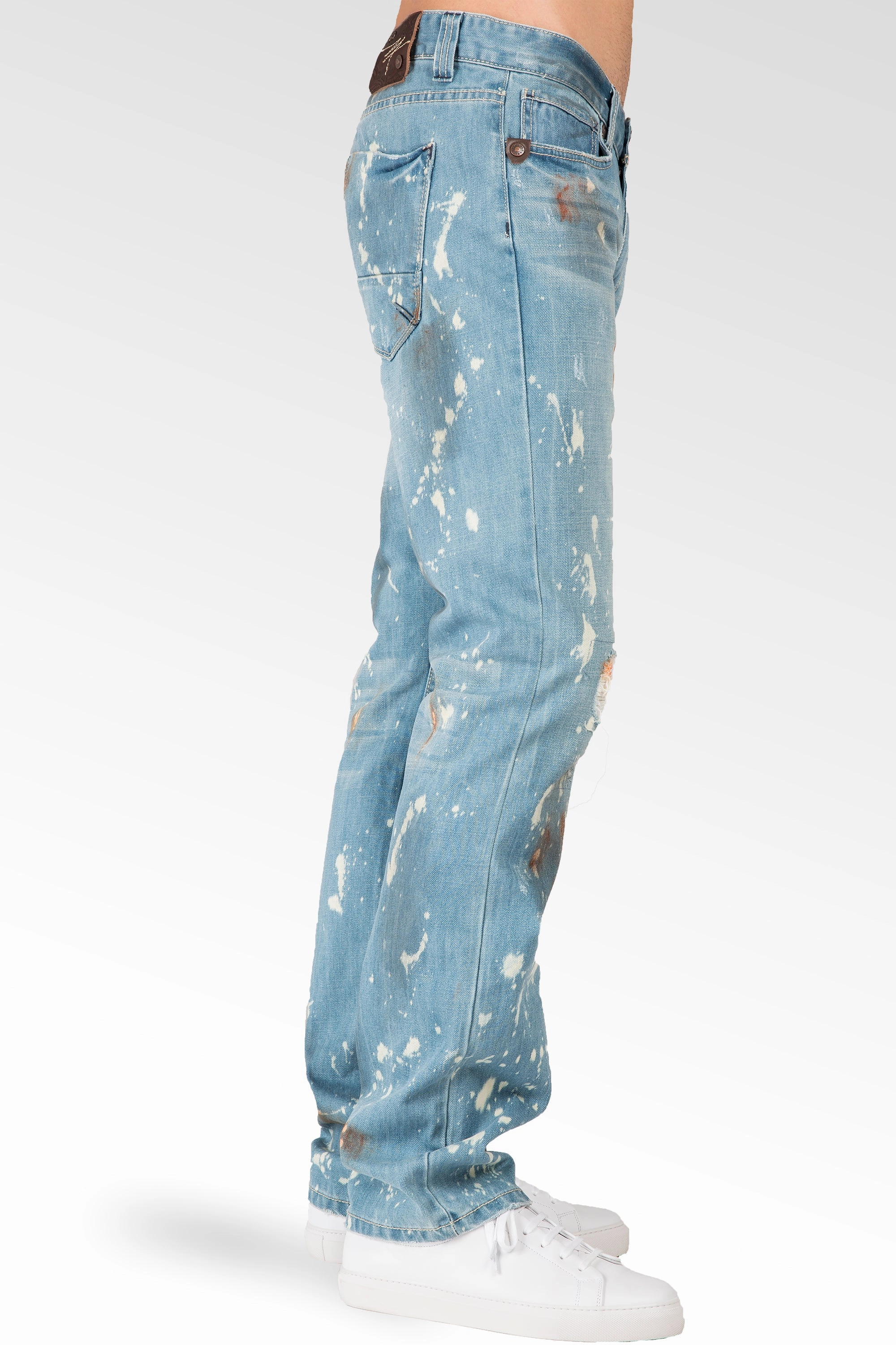 Slim Straight Light Blue Premium Denim Signature 5 Pocket Jeans Paint Splatter Bleach Spots Raw Linen