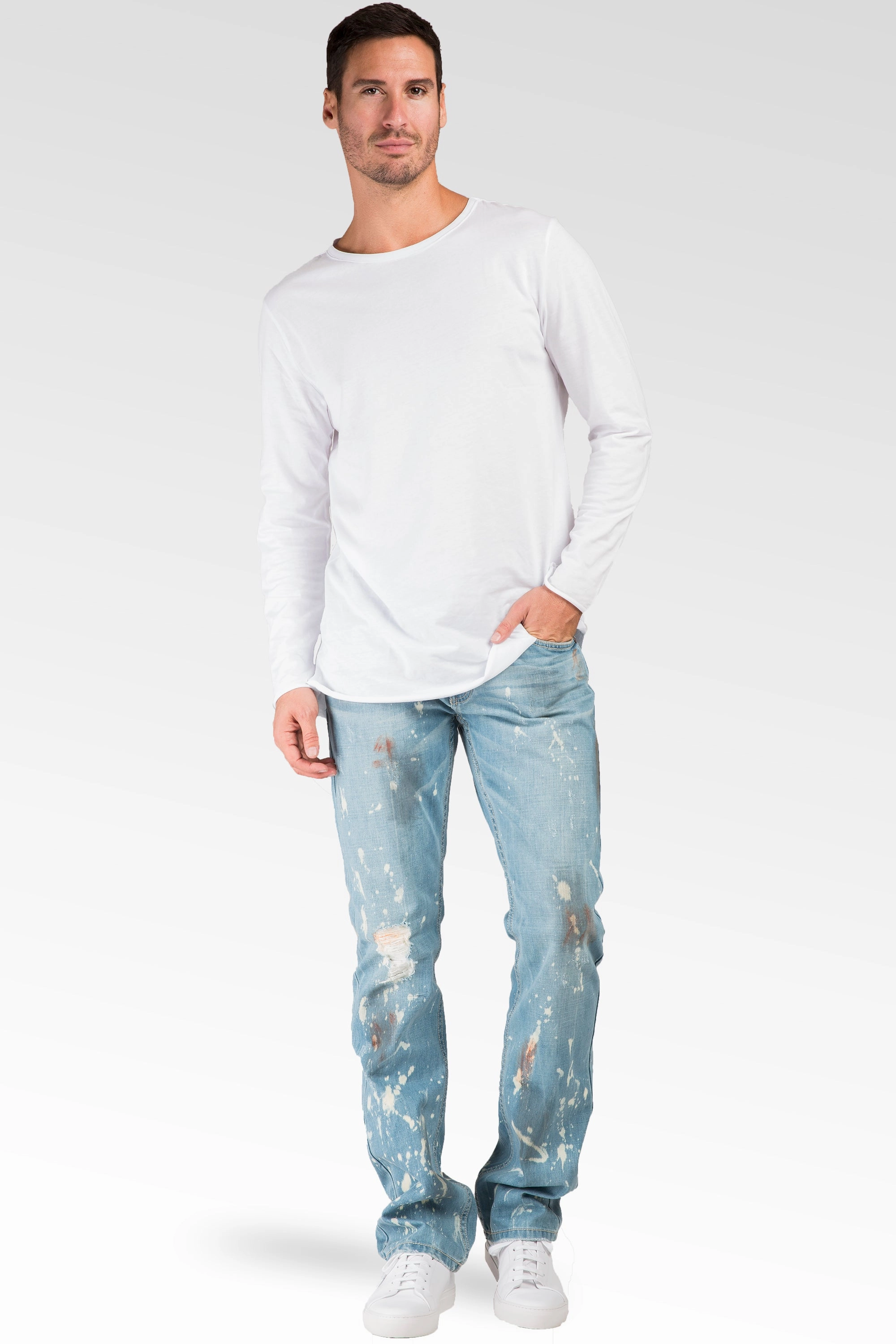 Slim Straight Light Blue Premium Denim Signature 5 Pocket Jeans Paint Splatter Bleach Spots Practical Boots