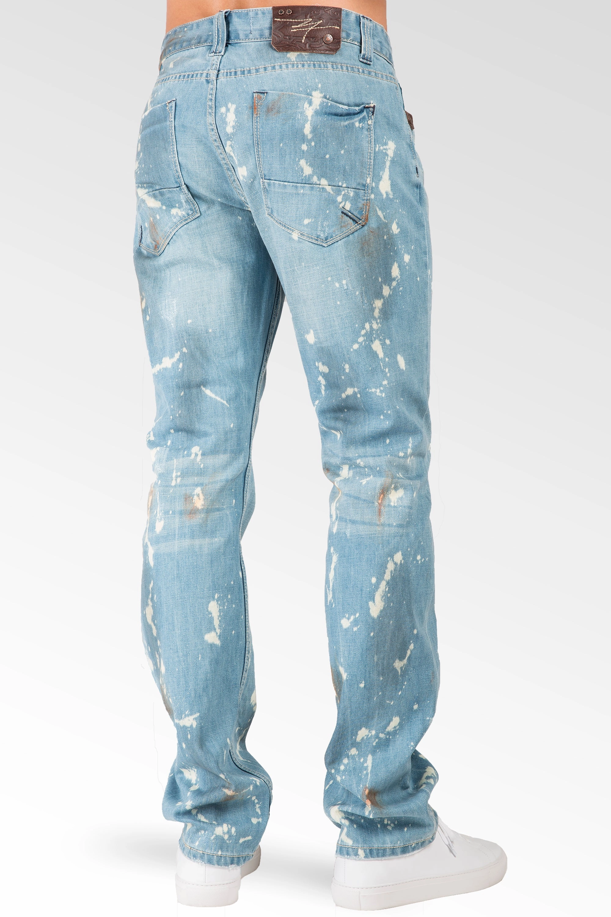 Slim Straight Light Blue Premium Denim Signature 5 Pocket Jeans Paint Splatter Bleach Spots Vacation Mood LowMaintenance