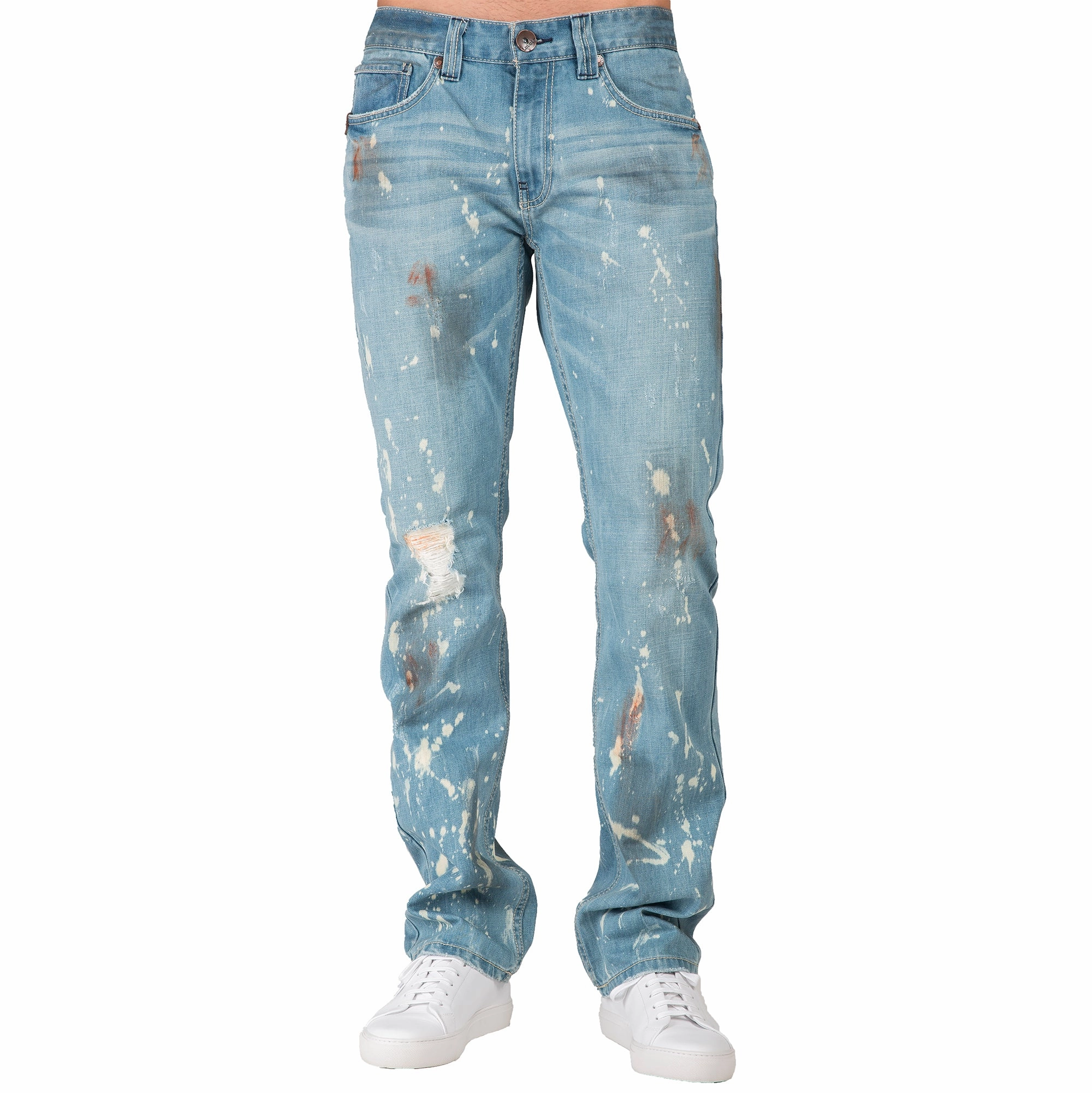Slim Straight Light Blue Premium Denim Signature 5 Pocket Jeans Paint Splatter Bleach Spots Adjustable drawstring