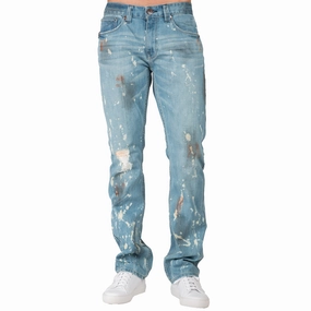 Slim Straight Light Blue Premium Denim Signature 5 Pocket Jeans Paint Splatter Bleach Spots Adjustable drawstring