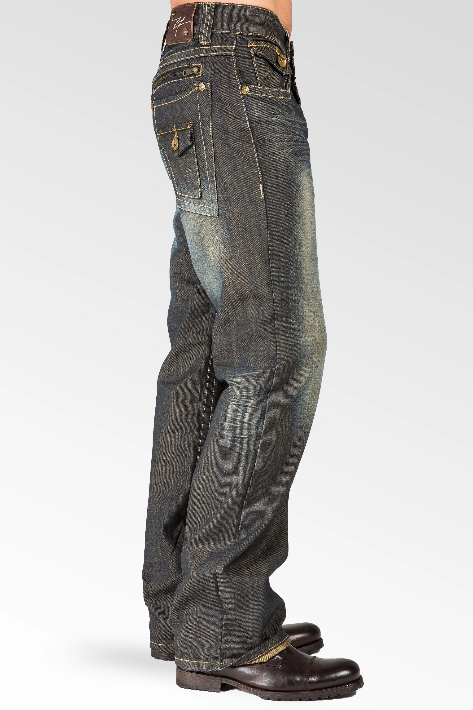 Relaxed Bootcut Dark Tinted Premium Denim Jeans Zipper Trim & Utility Back Pocket SmoothEdgeTrim