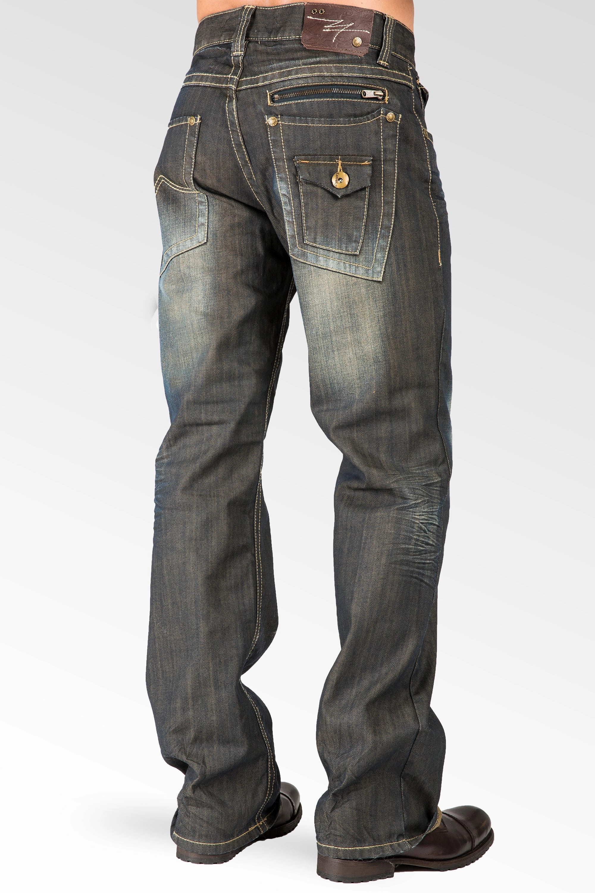 Summer Glow Relaxed Bootcut Dark Tinted Premium Denim Jeans Zipper Trim & Utility Back Pocket